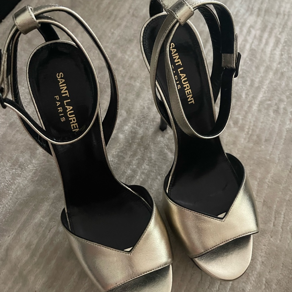 SAINT LAURENT TRIBUTE METALLIC PLATFORM SANDAL